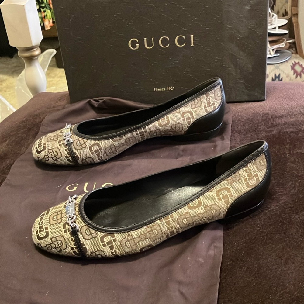 Gucci Women's Black and Brown Ballet Flats